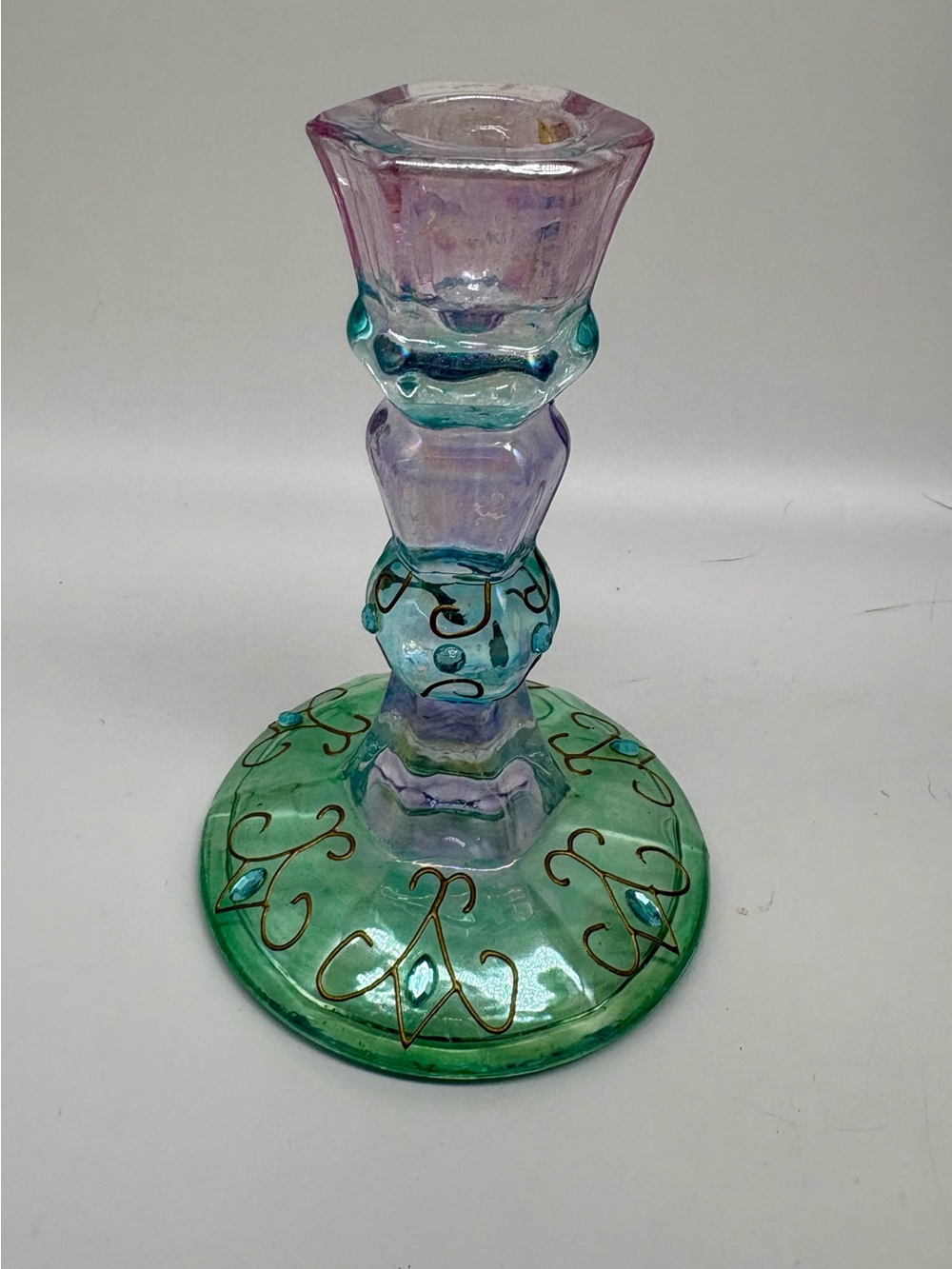 PartyLite Mardi Gras Glass Taper Candlestick Holder Pink Blue Purple Gold 5”